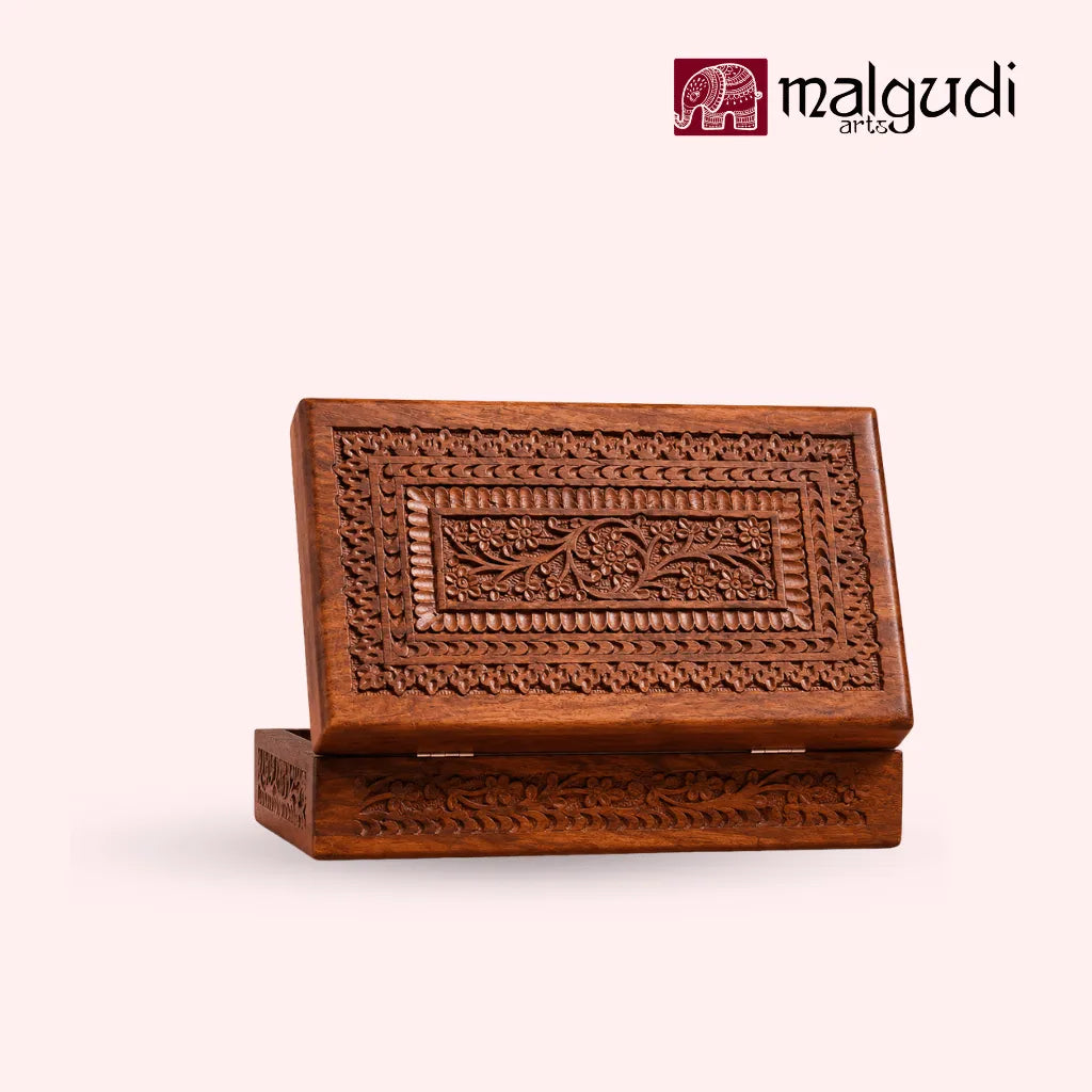Handcarved Wooden Jewelry Box with Floral Carving & Brass Latch | Storage organizer | Medium size