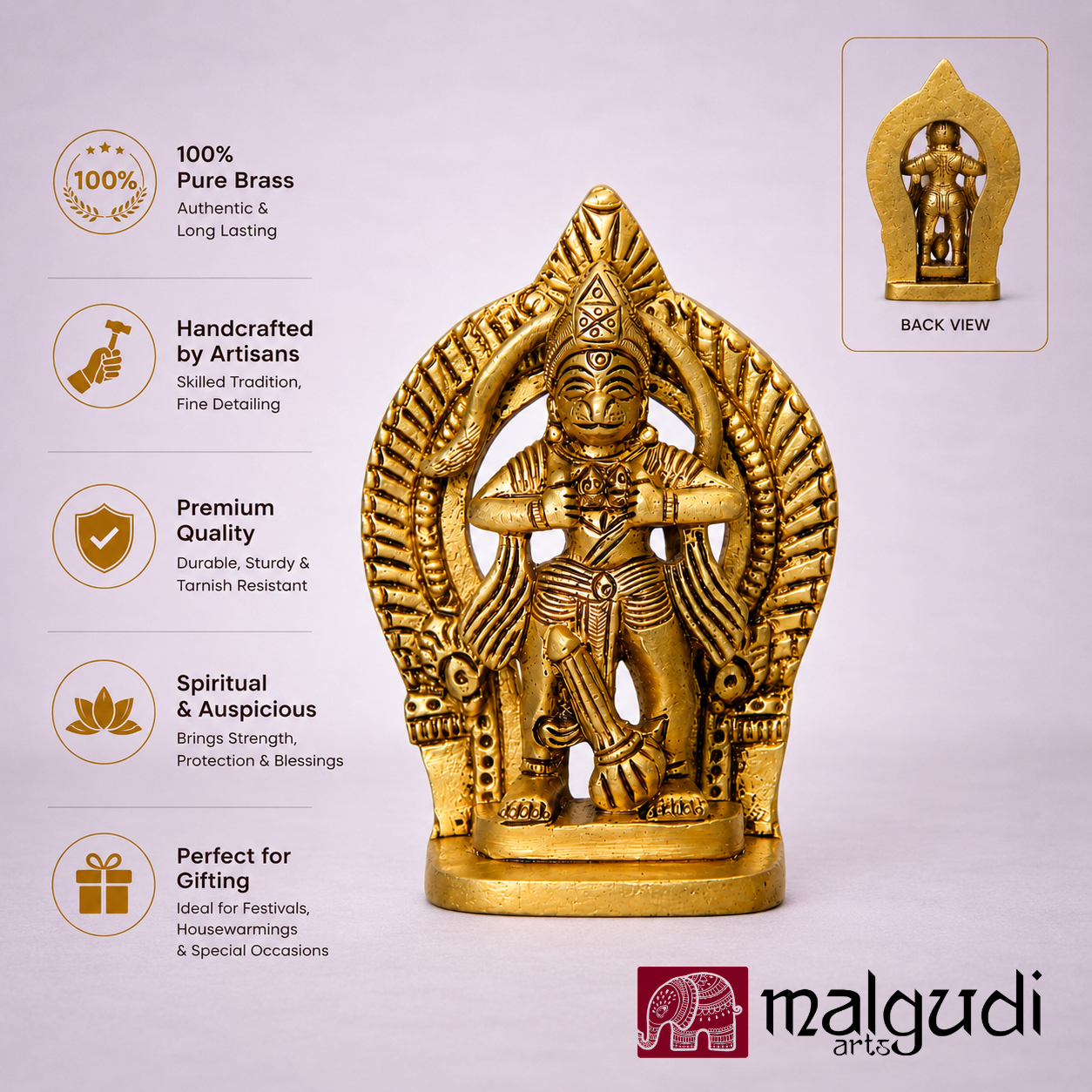Hanuman Brass Idol from the Ramayana for Pooja and Home by MalgudiArts (view 2)