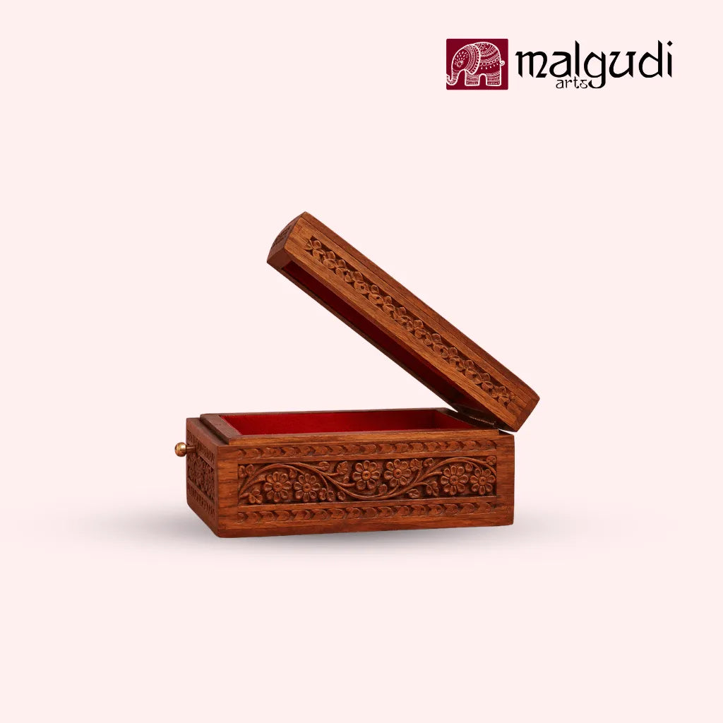 Handcarved Wooden Jewelry Box with Floral Carving & Brass Latch | Storage organizer | Medium size