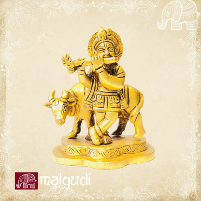 Krishna and cow in brass elegance