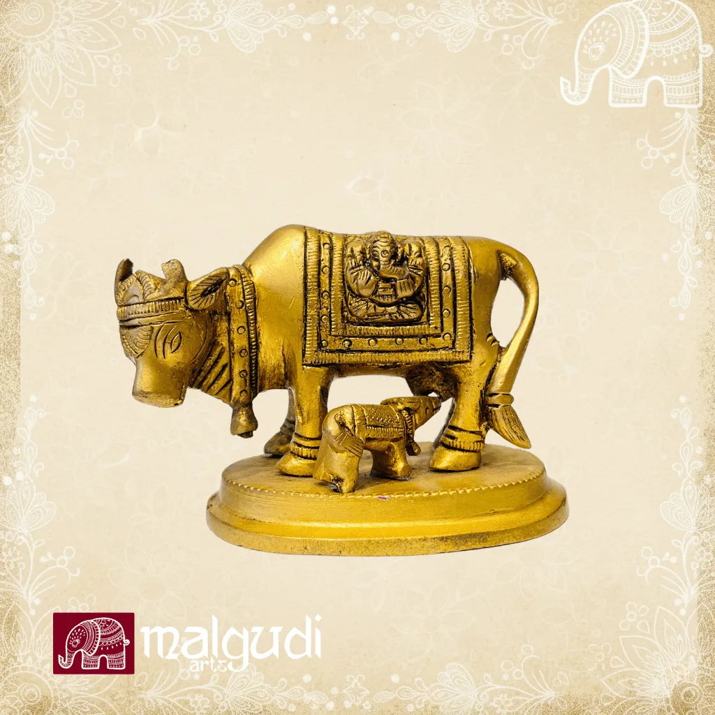 Brass Cow and Calf, with Ganesha engraving