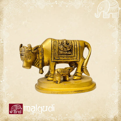 Brass Cow and Calf, with Ganesha engraving