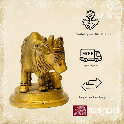 Brass Cow and Calf, with Ganesha engraving