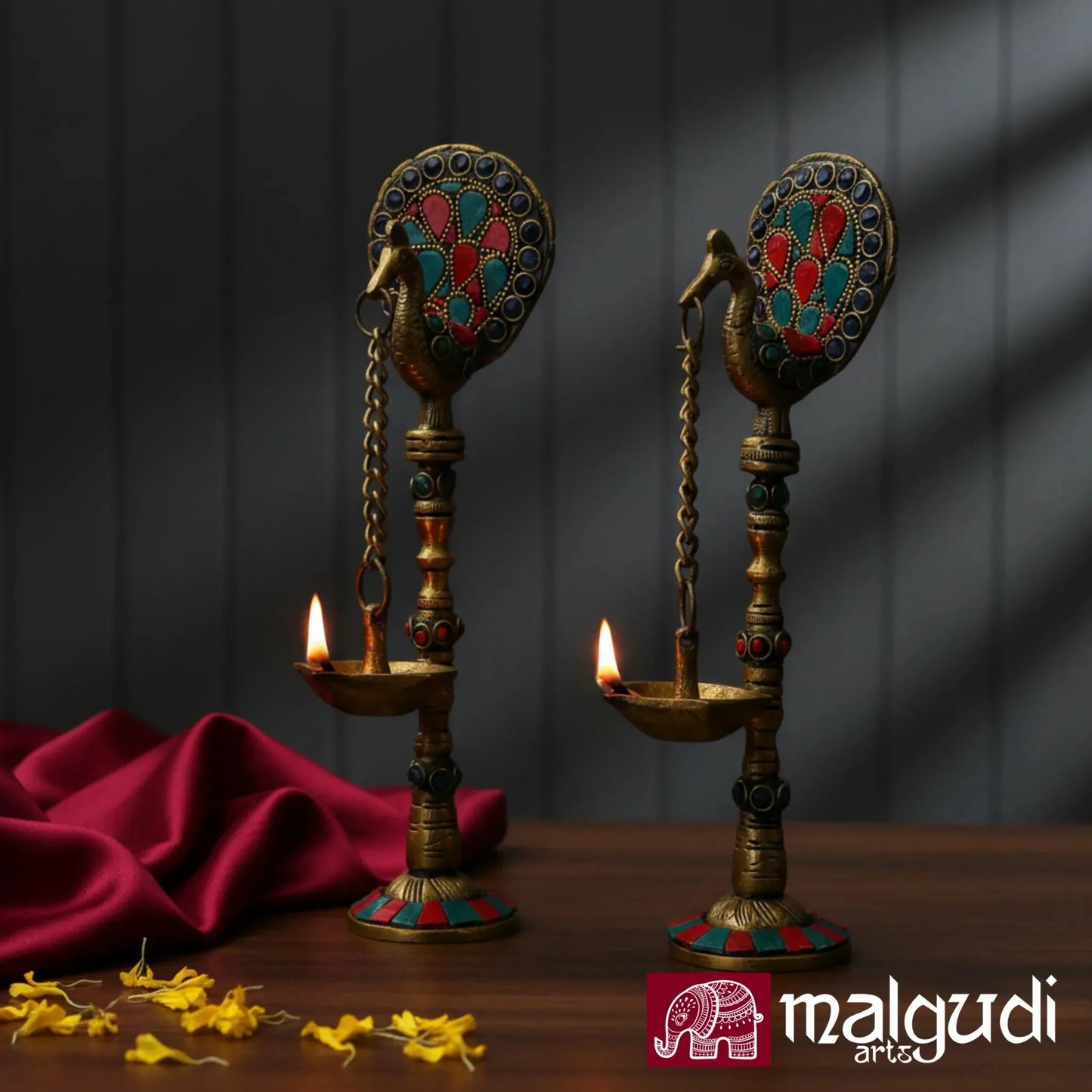 Set of 2 Hanging Peacock Brass Diyas with Chain by MalgudiArts