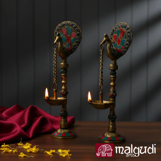 Set of 2 Hanging Peacock Brass Diyas with Chain by MalgudiArts