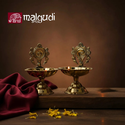 Shankh Chakra Brass Diyas, Pooja Deepam by MalgudiArts