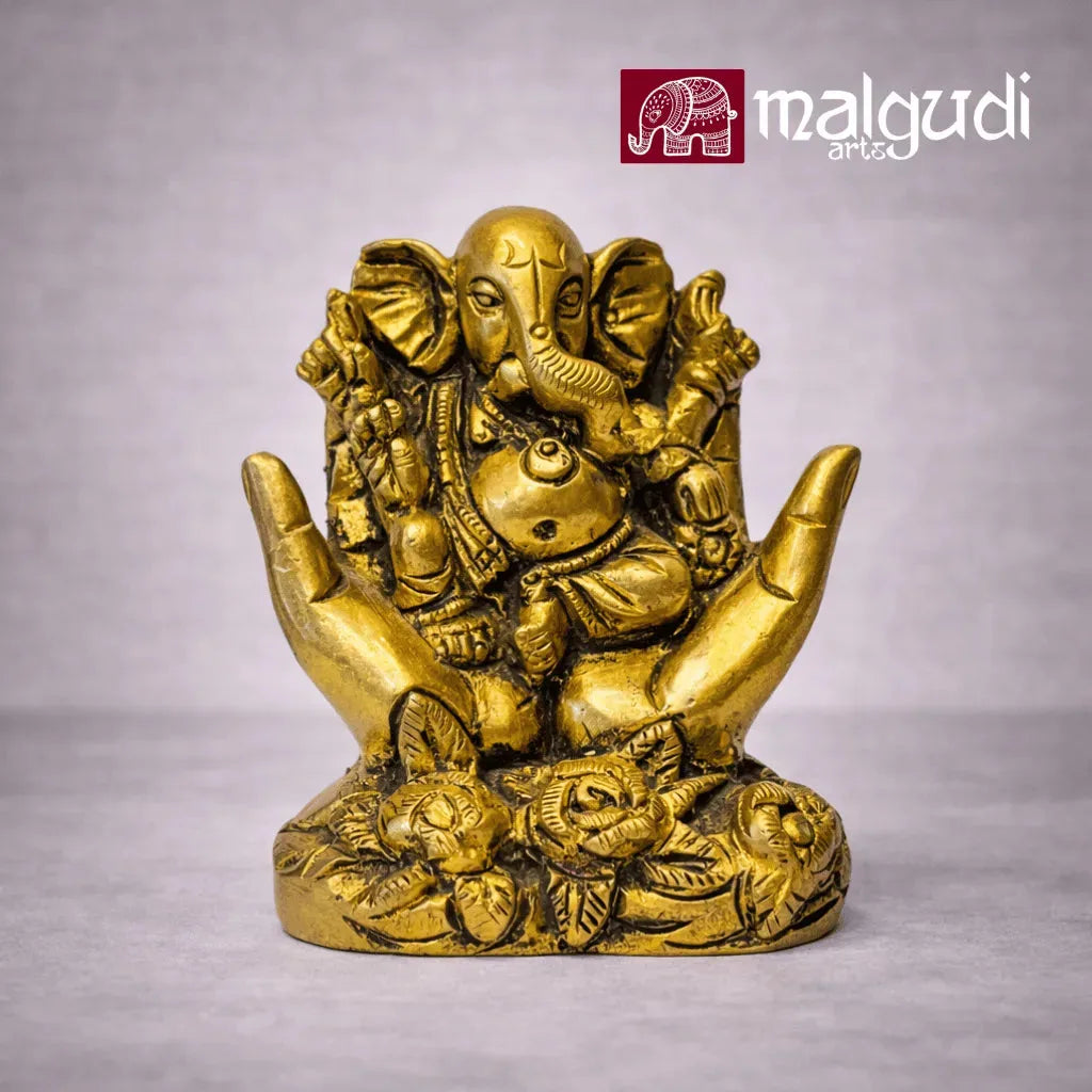 Golden Ganesha in Open Hands, 100% Brass by MalgudiArts