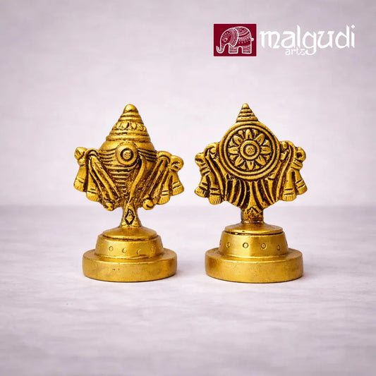 Carved Brass Shankh and Chakra Stands for Pooja by MalgudiArts
