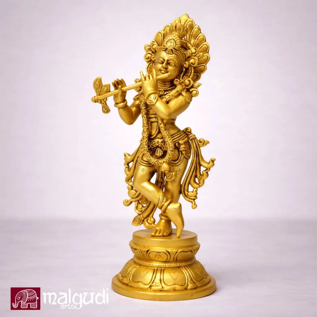 Lord Krishna Brass Statue with Flute by MalgudiArts