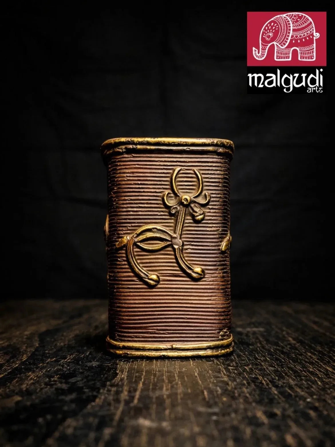 Handcrafted Tribal Metal Art Desk Organizer | Antique Finish Brass Pen Holder | Traditional Indian Home & Office