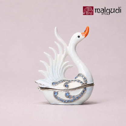 White Swan Enamel Trinket Box, Jewellery Organizer by MalgudiArts