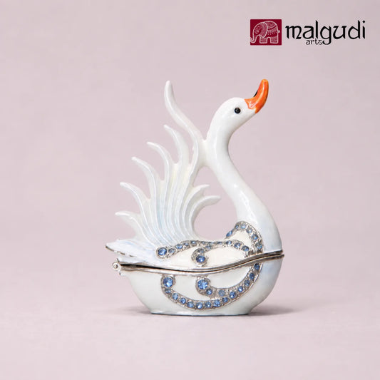 White Swan Enamel Trinket Box, Jewellery Organizer by MalgudiArts