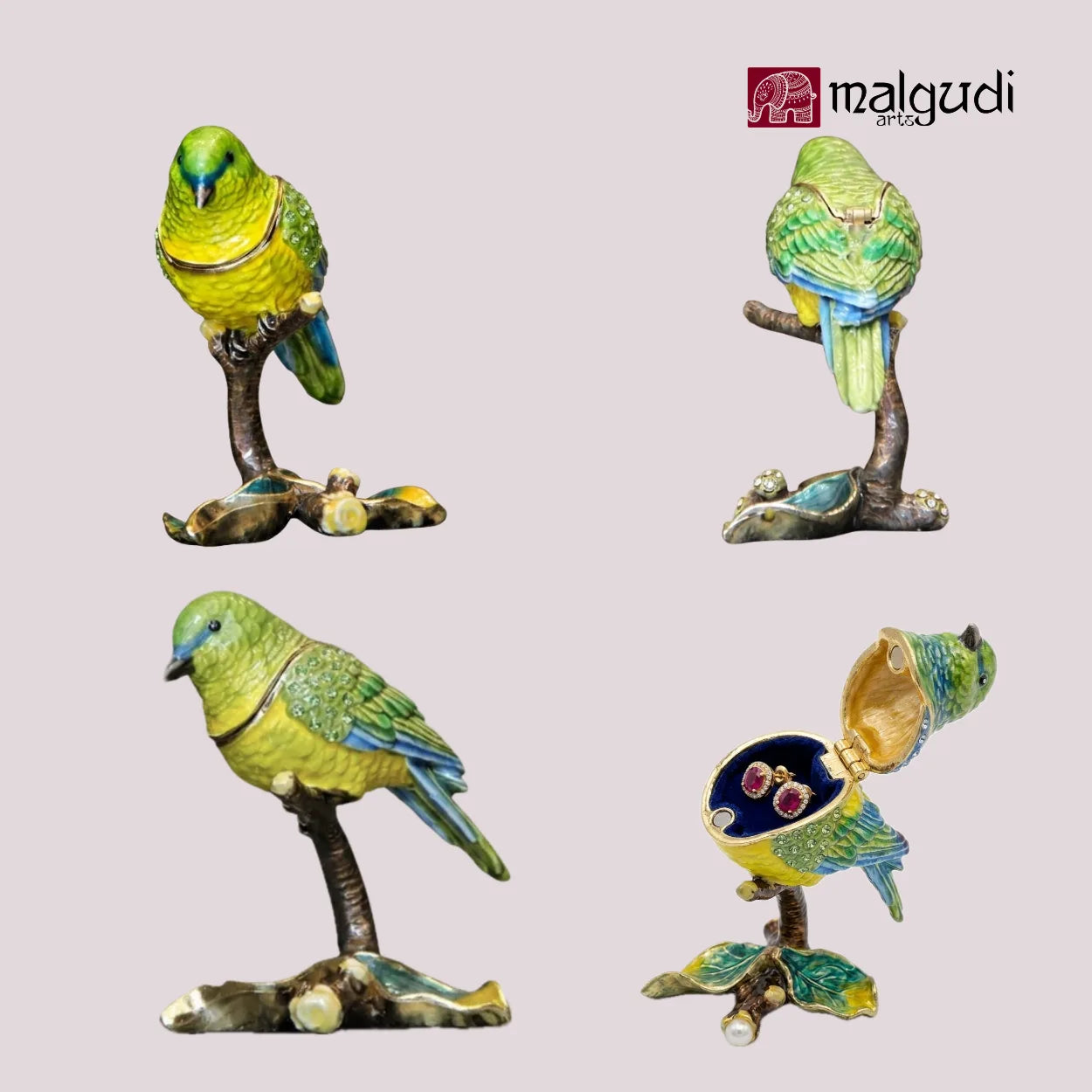 Green Bird Hand Painted Enamel Trinket Box by MalgudiArts