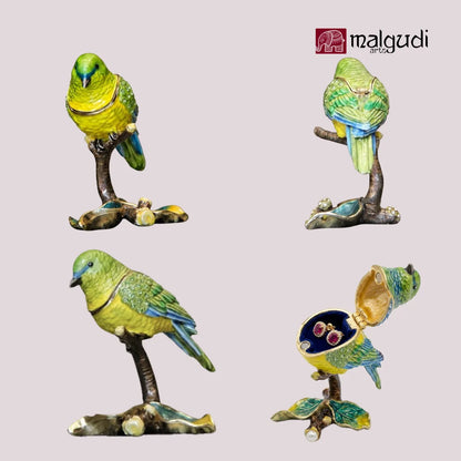 Green Bird Hand Painted Enamel Trinket Box by MalgudiArts