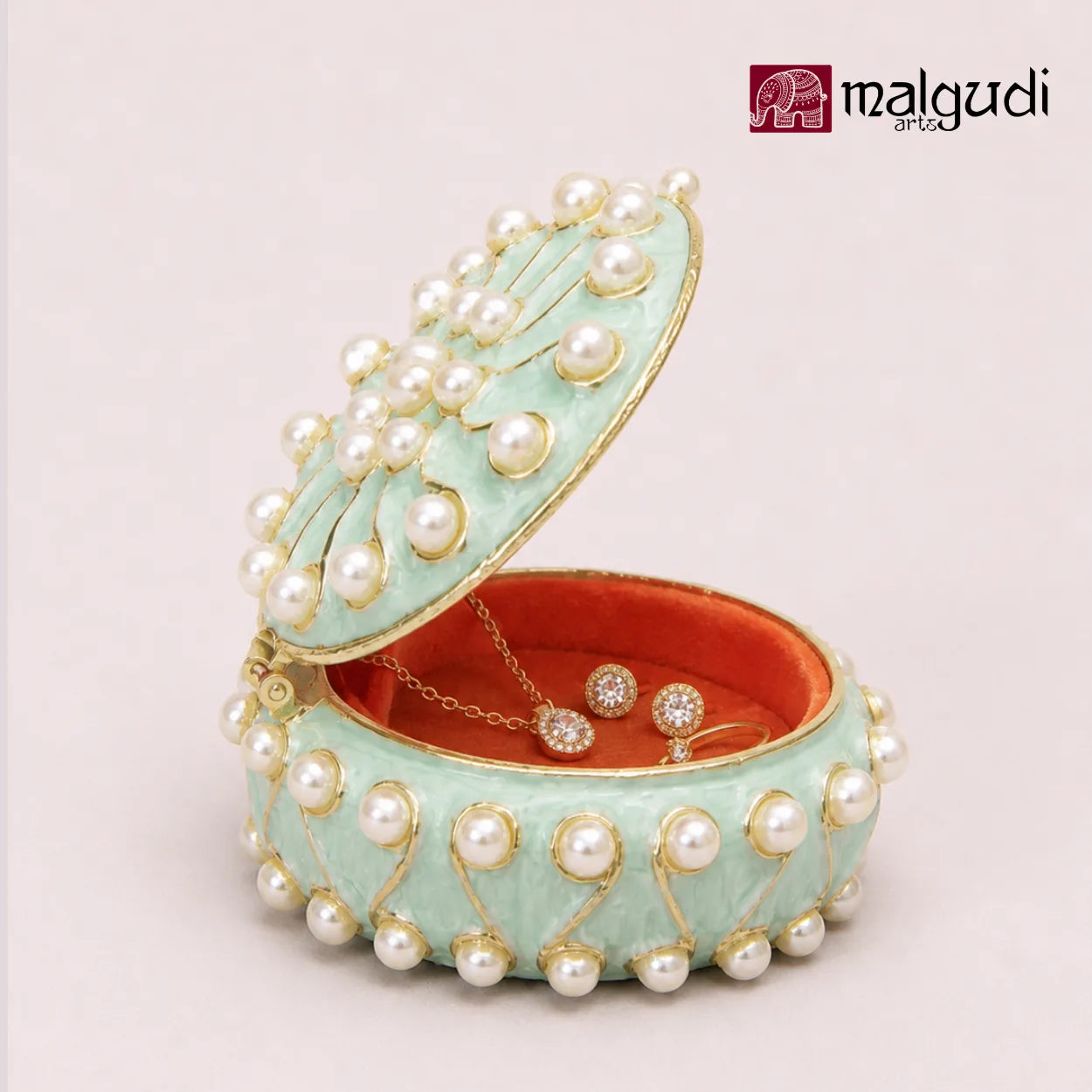 Light Green Enamel Trinket Box, Jewellery Organizer by MalgudiArts