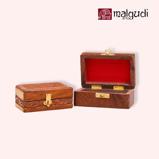 Handcarved Wooden Jewelry Box with Floral Carving & Brass Latch | Small Storage Organizer