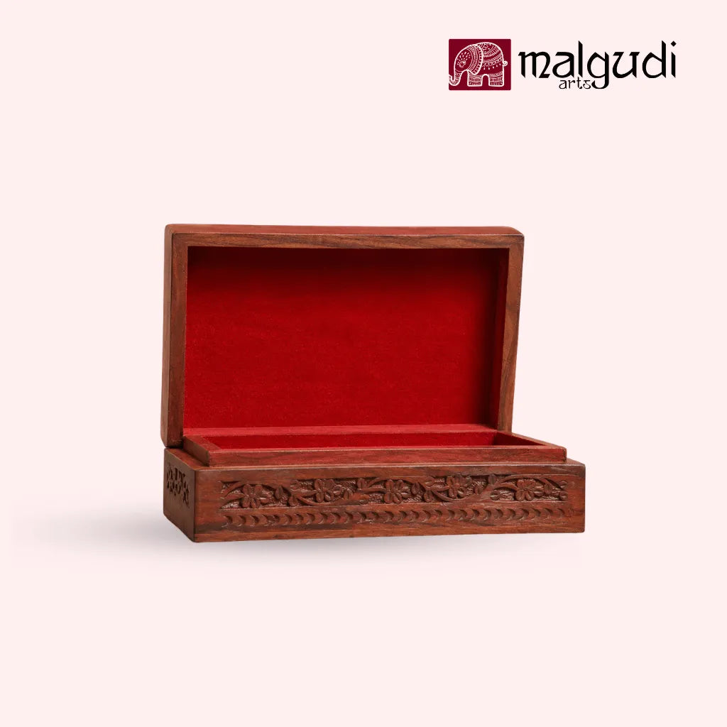 Handcarved Wooden Jewelry Box with Floral Carving & Brass Latch  | Storage organizer | Medium size