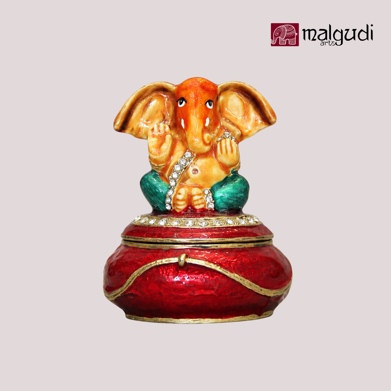 Lord Ganesha Hand Painted Red Enamel Trinket Box by MalgudiArts (view 4)