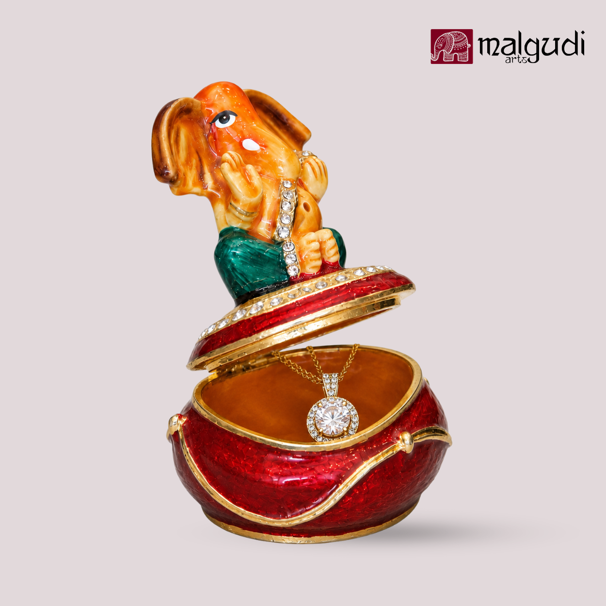Lord Ganesha Hand Painted Red Enamel Trinket Box by MalgudiArts (view 5)