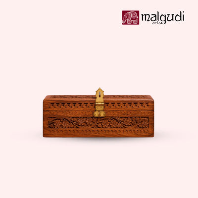 Handcarved Wooden Jewelry Box with Floral Carving & Brass Latch  | Storage organizer | Medium size