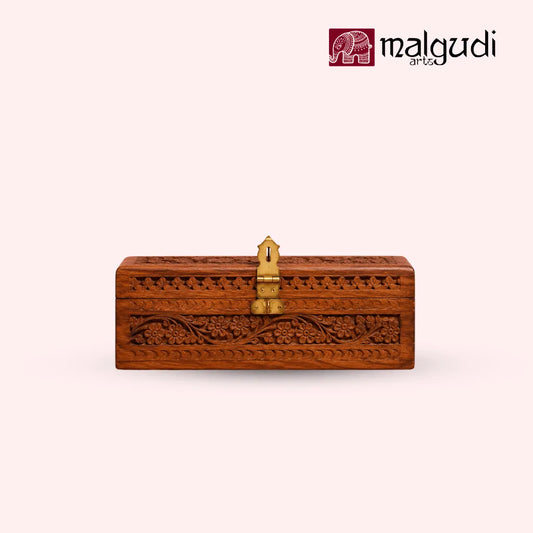 Handcarved Wooden Jewelry Box with Floral Carving & Brass Latch  | Storage organizer | Medium size