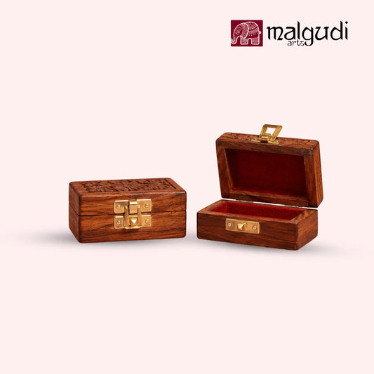 Handcarved Wooden Jewelry Box with Floral Carving & Brass Latch | Small Storage Organizer