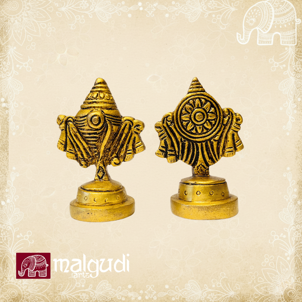 Carved Brass Shankh and Chakra Stands for Pooja by MalgudiArts (view 3)