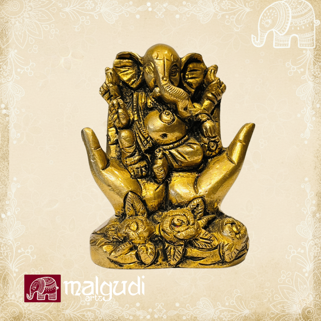 Golden Ganesha in Open Hands, 100% Brass by MalgudiArts (view 4)