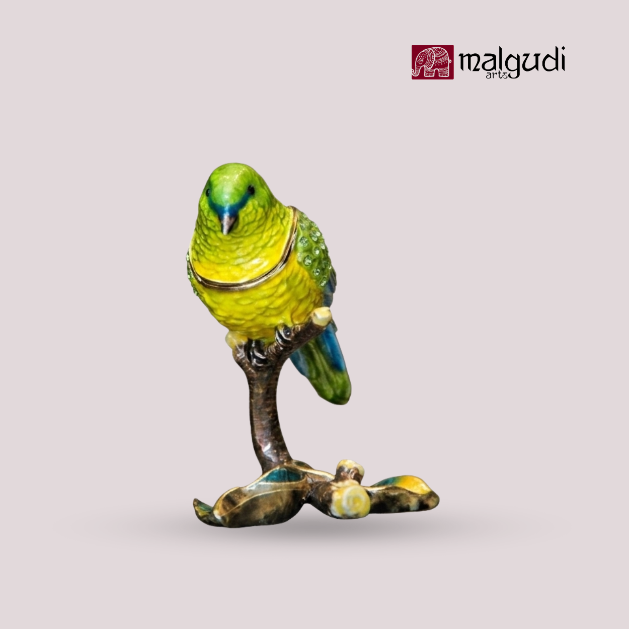 Green Bird Hand Painted Enamel Trinket Box by MalgudiArts (view 2)