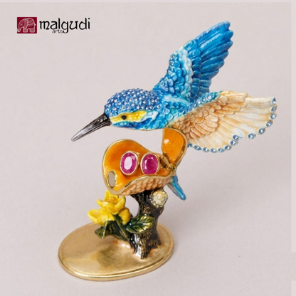 Hand painted enamel Kingfisher trinket box, blue color