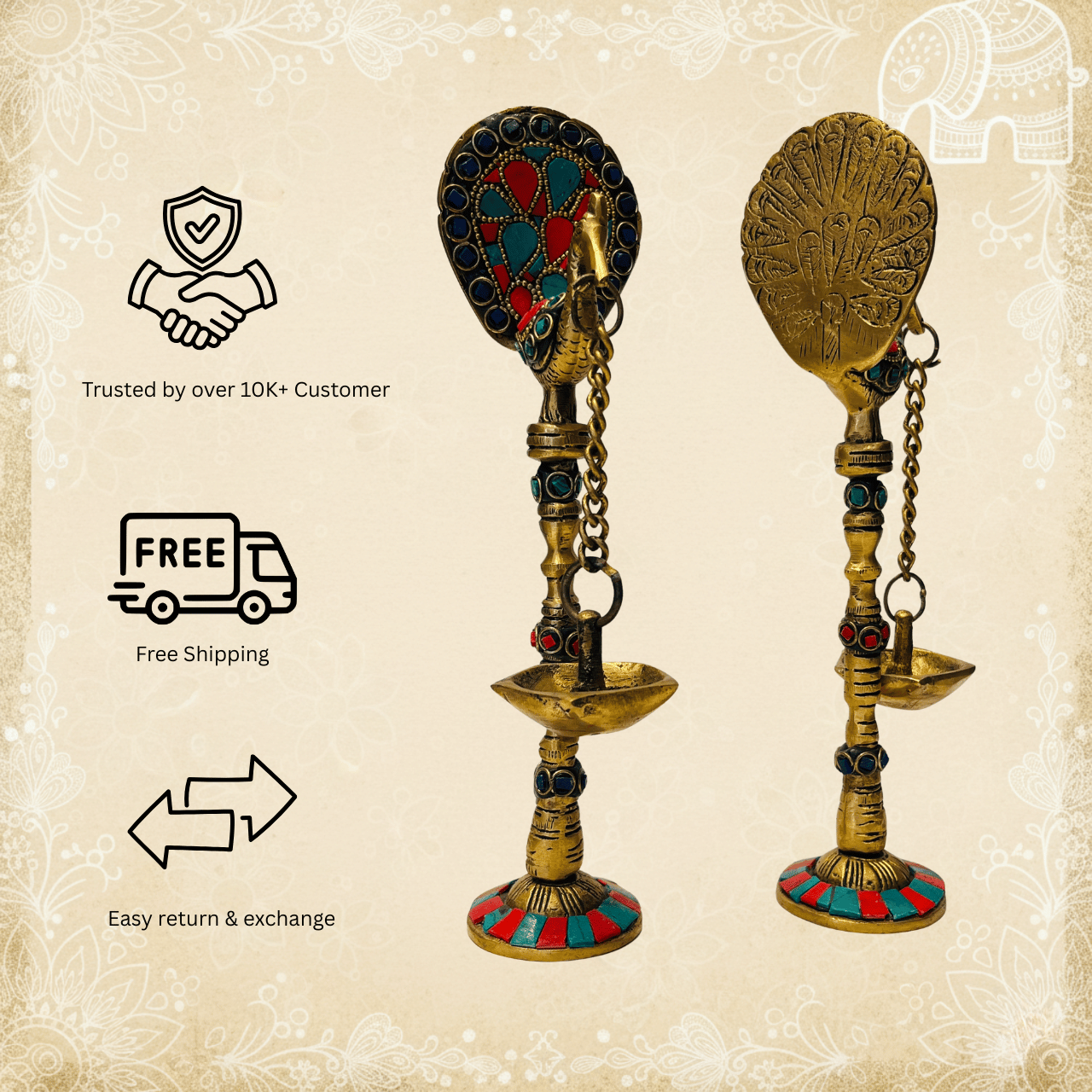 Set of 2 Hanging Peacock Brass Diyas with Chain by MalgudiArts (view 2)