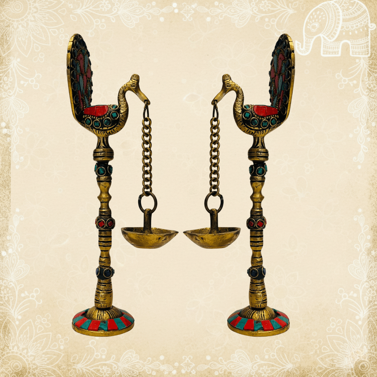 Set of 2 Hanging Peacock Brass Diyas with Chain by MalgudiArts (view 3)