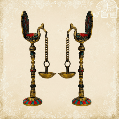 Set of 2 Hanging Peacock Brass Diyas with Chain by MalgudiArts (view 3)