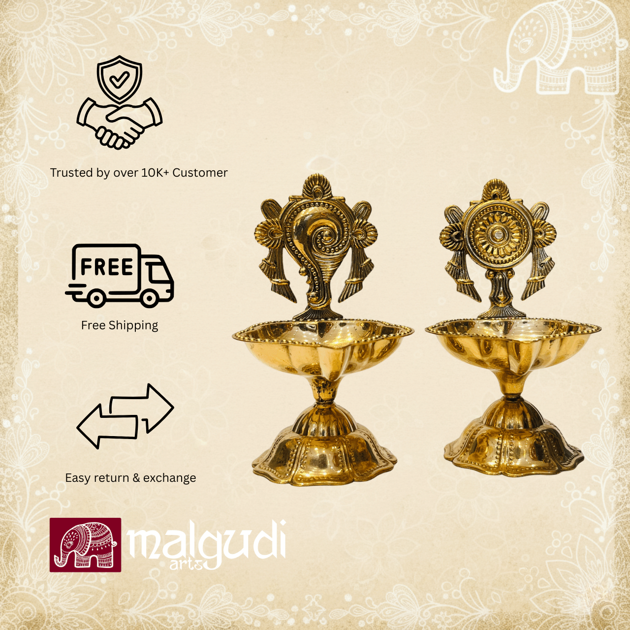 Shankh Chakra Brass Diyas, Pooja Deepam by MalgudiArts (view 2)