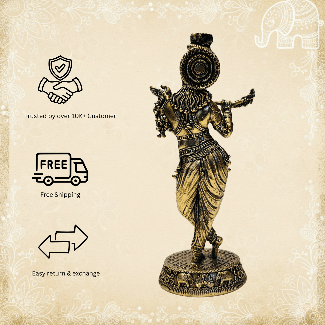 Fine Krishna Brass Statue, Artistic Style by MalgudiArts (view 3)
