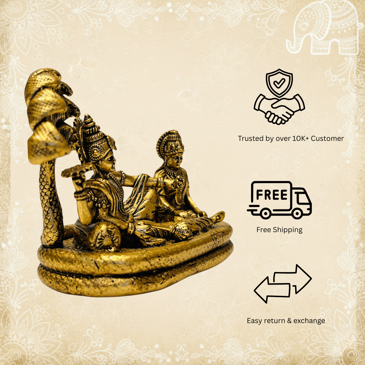 Vishnu and Lakshmi on Shesha Naag Brass Statue by MalgudiArts (view 3)