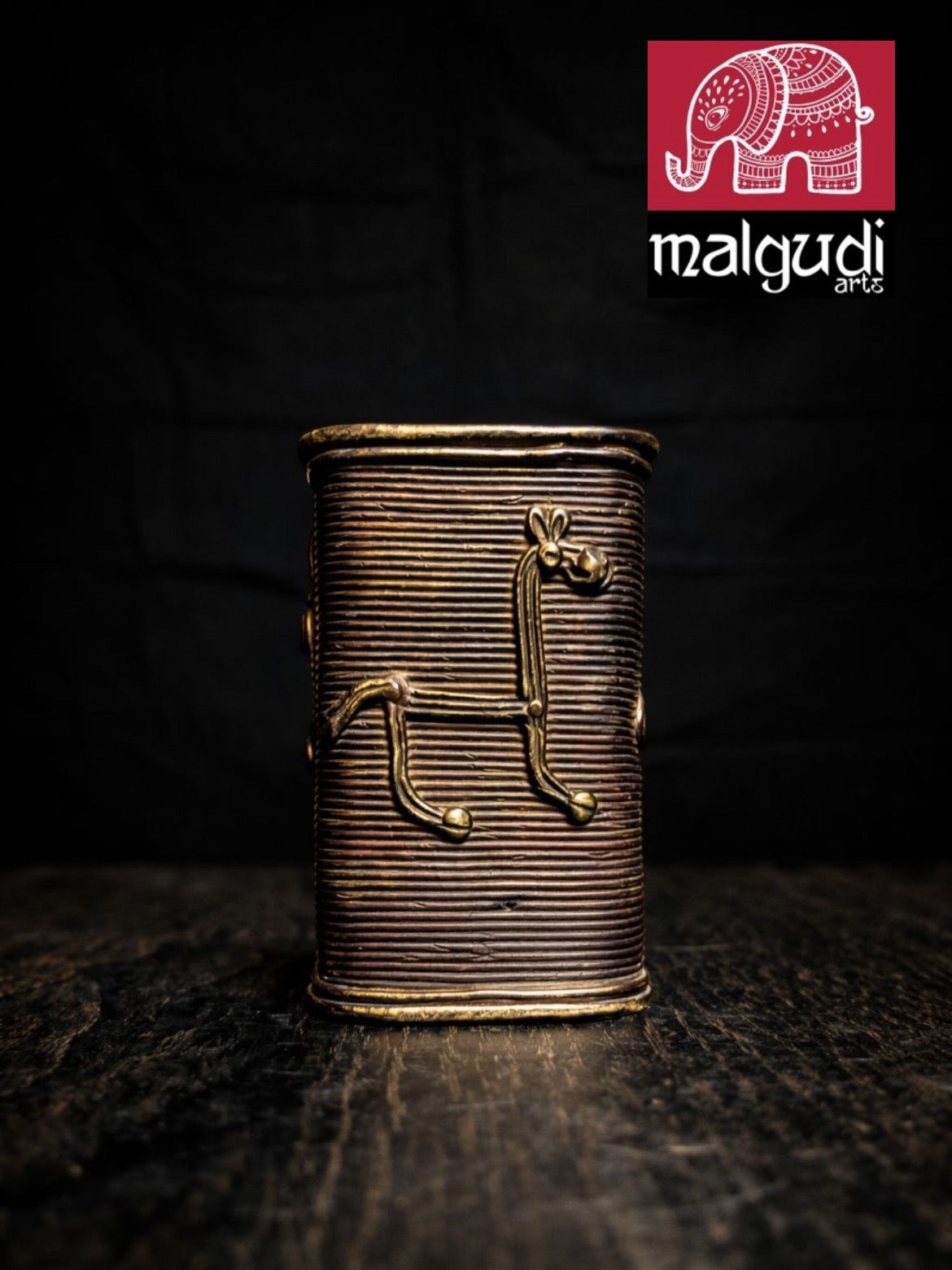 Handcrafted Tribal Metal Art Desk Organizer | Antique Finish Brass Pen Holder | Traditional Indian Home & Office