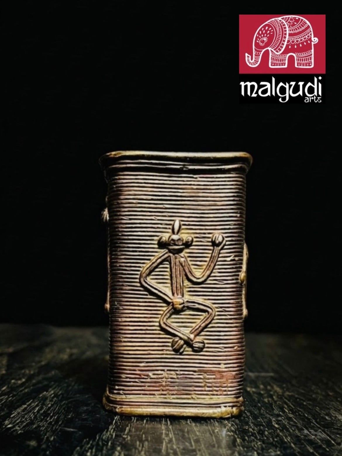 Handcrafted Tribal Metal Art Desk Organizer | Antique Finish Brass Pen Holder | Traditional Indian Home & Office