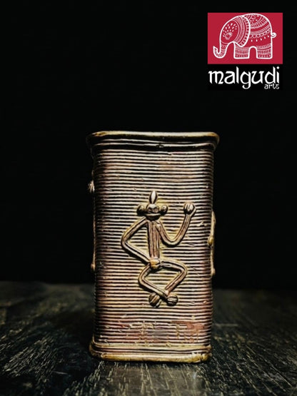 Handcrafted Tribal Metal Art Desk Organizer | Antique Finish Brass Pen Holder | Traditional Indian Home & Office