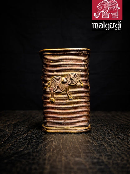 Handcrafted Tribal Metal Art Desk Organizer | Antique Finish Brass Pen Holder | Traditional Indian Home & Office